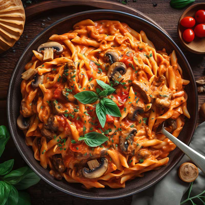 italiensk gourtmet trofie pasta med svampe og tomatsauce
